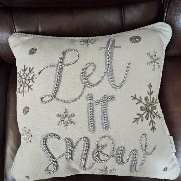 Cynthia Rowley Silver Beaded Snowflakes White Let it Snow Holiday Large Pillow - Picture 7 of 16